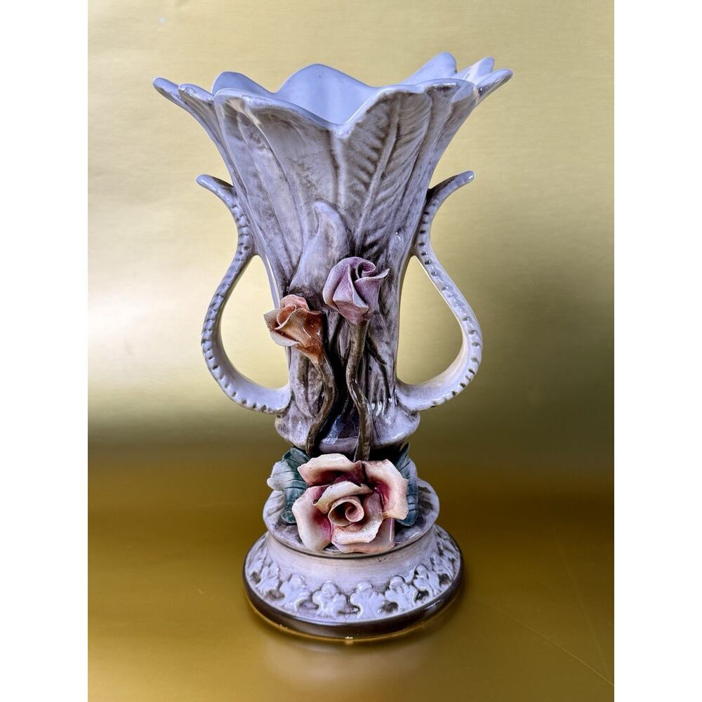 Capodimonte Floral Vase Double Handle Italian Porcelain Applied Roses Trumpet 8”